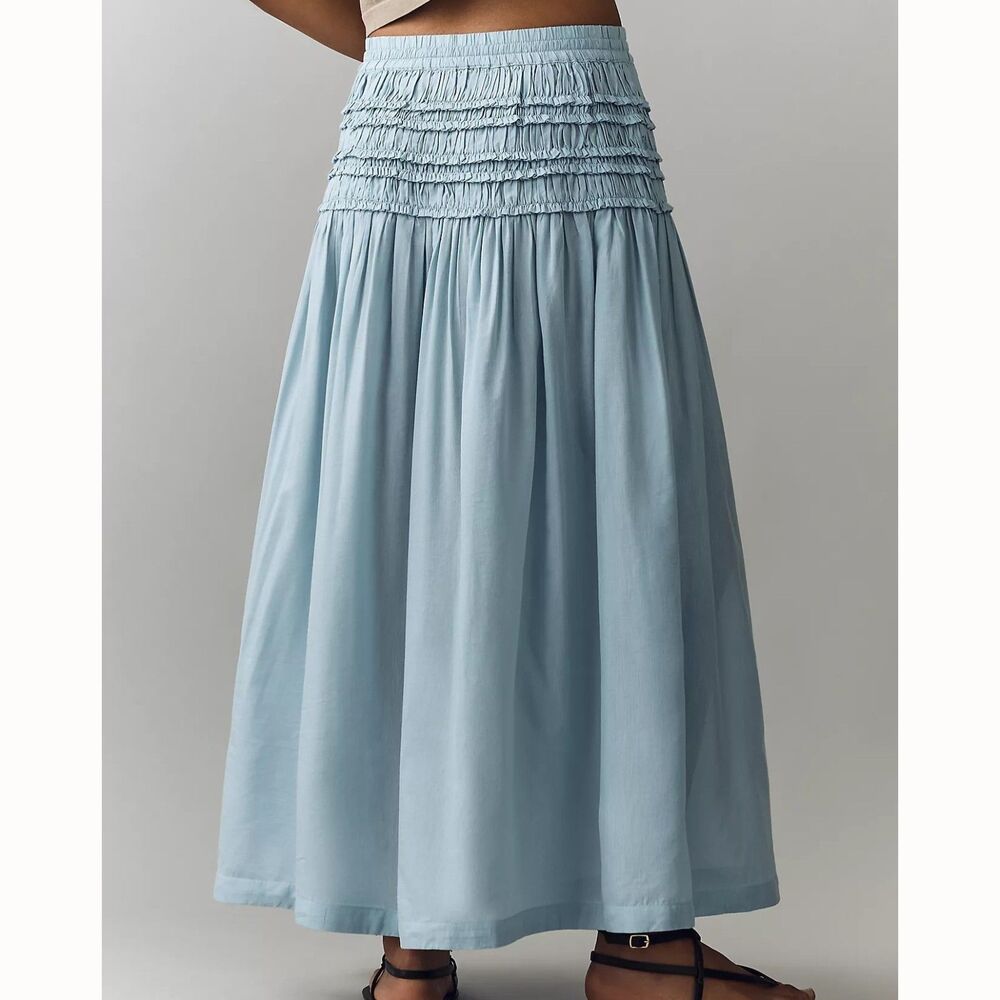 By Anthropologie Smocked Drawstring Midi Skirt Ruffle Tiered Pull-On L 291635 - Picture 2 of 8